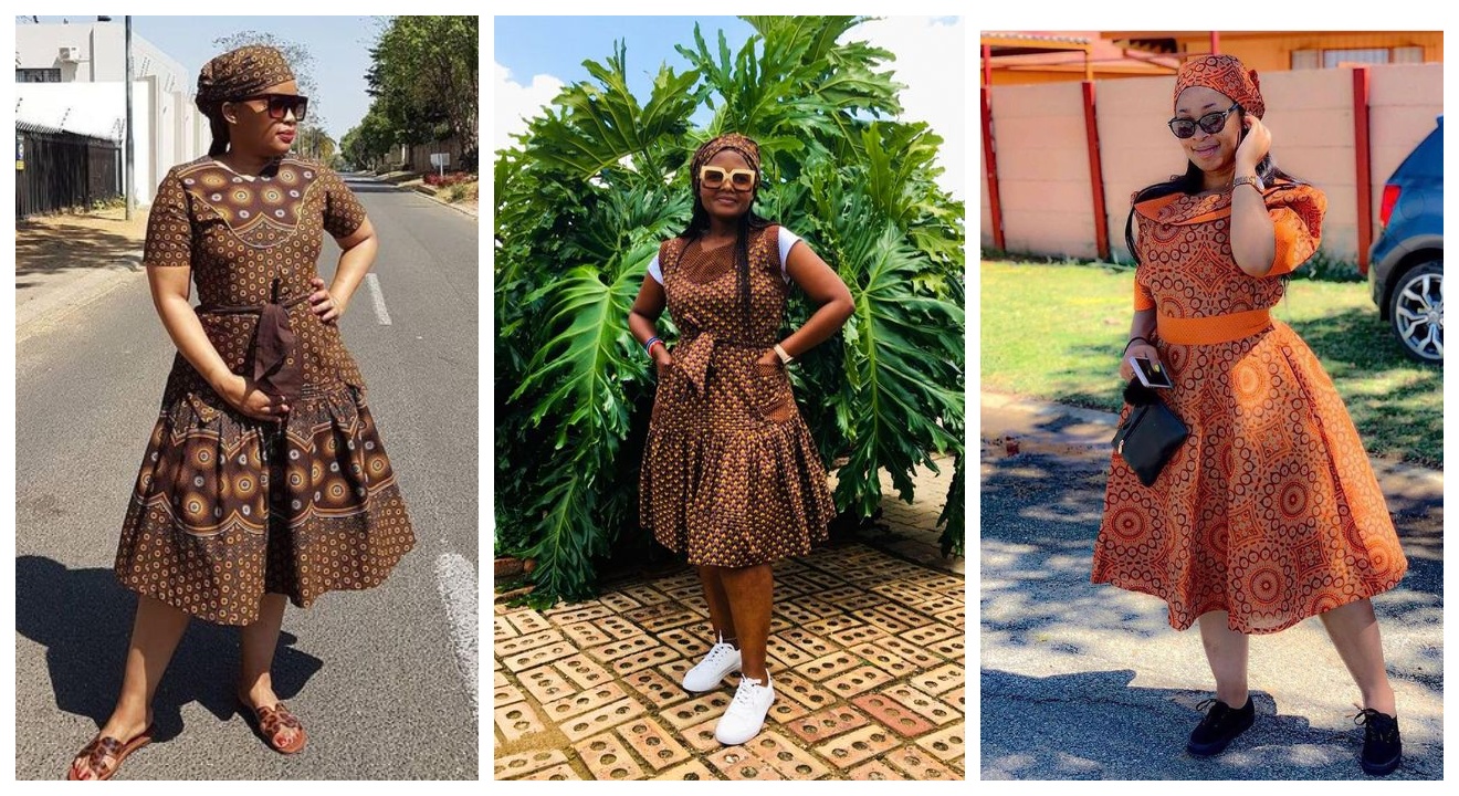 Brown shweshwe makoti attire 2024 For Ladies