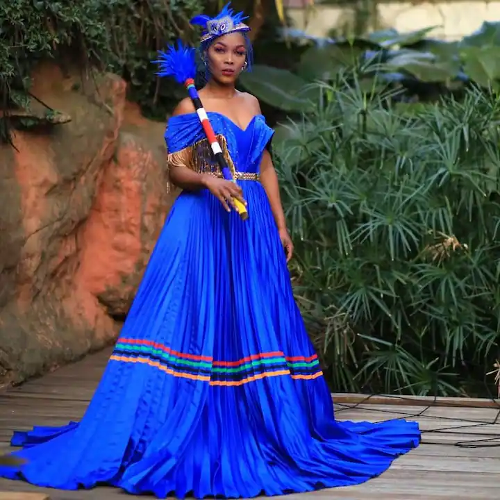 Long blue Sepedi traditional dress  2024 with a rainbow design